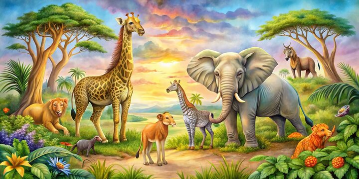 Fototapeta Vibrant watercolor illustration of exotic safari animals, including lions, elephants, and giraffes, set against a