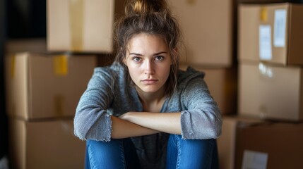 Obraz premium A young woman with messy hair tied in a ponytail sits surrounded by cardboard boxes, conveying feelings of stress and overwhelm in a moving or relocation scenario.