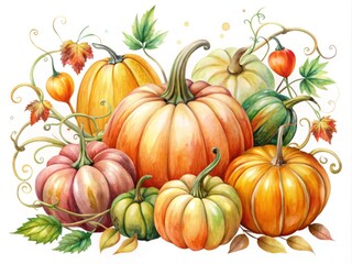 Vibrant watercolor illustrations of assorted pumpkins in various shapes and sizes, adorned with organic vines and