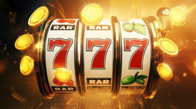 Slot machine jackpot with winning sevens and coins
