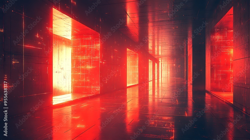 Sticker Red and orange hallway with glowing doorways.