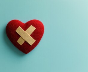 Red heart with patch close up on pastel blue background with space for text. Wounded heart love concept.