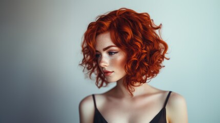 Fototapeta premium Woman with curly red hair looking down 