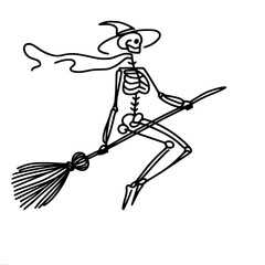 Fototapeta premium single line vector drawing of a skeleton flying on a broom in a dynamic pose, with one leg forward and the other bent, wearing a witch hat