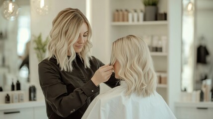 Hairdresser styling blonde hair in salon
