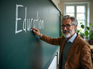 Middle-aged teacher in glasses pointing at green school chalkboard that says "Education".