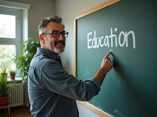 Middle-aged teacher in glasses pointing at green school chalkboard that says "Education".