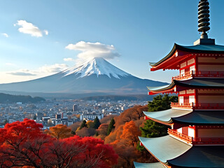 Fuji mountain with sakura cherry blossom and temple