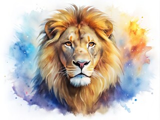 Fototapeta premium Vibrant watercolor painting of a majestic lion's serene portrait, with soft brushstrokes and subtle color blending, set