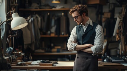 Man in vintage workshop looking thoughtful
