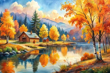 Obraz premium Vibrant watercolor painting of autumn landscapes, blending warm hues of golden leaves, rustic trees, and serene lakes,