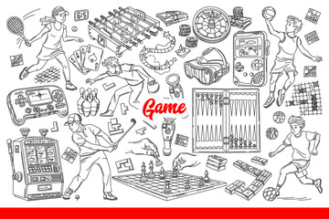 Obraz premium Sports games are played by men and women, enjoying active sports or mental games. Casino equipment near chess or backgammon board and poker cards for great time spent free time. Hand drawn.