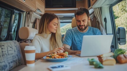 A contented couple on a camper van holiday enjoys their independence and indoor recreational activities together. Woman seeking for food, and man using a laptop