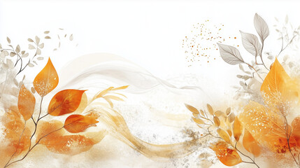 Organiczne linie i tekstury w jesiennych kolorach na białym tle tworzą subtelną, abstrakcyjną scenerię. Szczegóły roślinne dodają naturalnego uroku i ciepła.