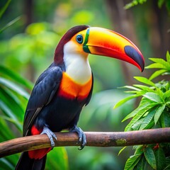 Naklejka premium Charm of wildlife: a toucan in full growth - the grandeur of an emerald paradise filled with color! 