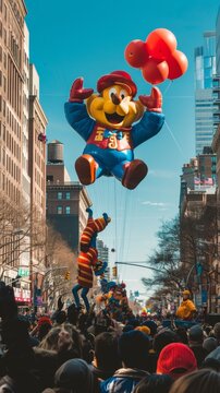 Giant character balloon soars over cheerful crowds at thanksgiving parade under bright blue sky