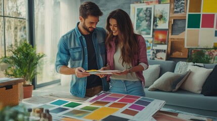A young couple selecting colors for home renovation in a cozy workspace with vibrant palettes displayed