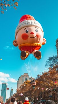 Giant character balloon soars over enthusiastic crowds at vibrant thanksgiving parade celebration