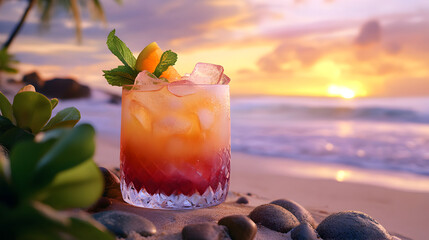 Vibrant Mixed Fruit Cocktail with Ice Cubes on the Beach at Sunset, Capturing the Tropical Vibes and Refreshing Summer Atmosphere