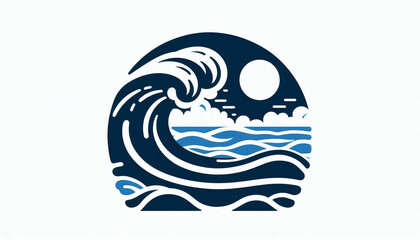 A large blue ocean wave with sun icon on a pure white background