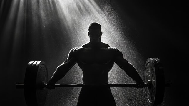 A weightlifter in the final moments of a snatch, muscles straining and focus intense, with dramatic shadows to highlight the effort