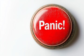 Surreal image of a red panic button on a white background, symbolizing emergency, fear, and urgency. Perfect for conveying stress and alarm concepts. Copy space.