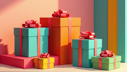 Obraz premium Colorful Gift Boxes with Ribbons on Pastel Background