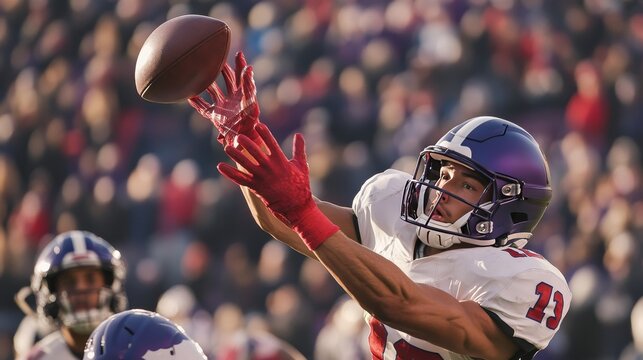 American football player making an interception the moment of catch