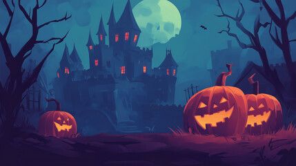 Fototapeta premium Wesoła, dziecięca ilustracja przedstawiająca zamek zbudowany z dyni w mrocznym, ale przyjaznym stylu cartoon. Idealne na halloweenowe dekoracje dla najmłodszych.