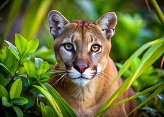 Obraz premium Wild Puma Stalks Through The Dense Vegetation Of The Florida Everglades, Its Piercing Gaze Focused On Potential Prey.