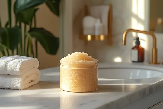 A jar of body scrub sits on a bathroom counter, promising exfoliation and renewal.