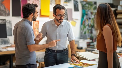 Creative professionals brainstorm ideas and discuss design concepts in a collaborative studio space during daytime