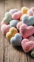 Knitted hearts of different colors on a wooden background selective focus