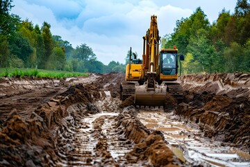 Excavator Working on a Muddy Construction Site Surrounded by Lush Greenery