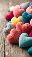 Knitted hearts of different colors on a wooden background selective focus
