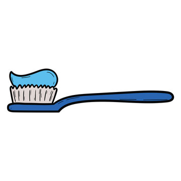 recommend clip art: Hand drawn cartoon blue toothbrush with toothpaste on white background. Dental care, dentistry.