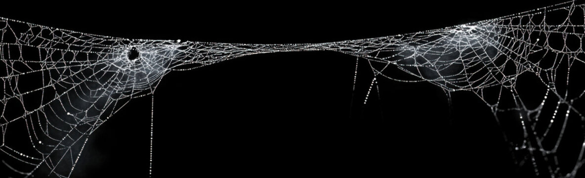 Real creepy spider webs on black banner