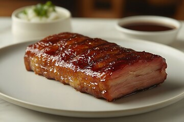 Peking duck skin with hoisin sauce on a white plate, showcasing its crispy texture and rich flavor.