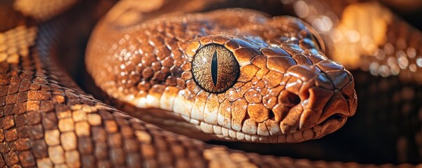 Obraz premium Close-up view of a boa constrictor's eye highlighting the intricate details and textures of its scales and intense gaze