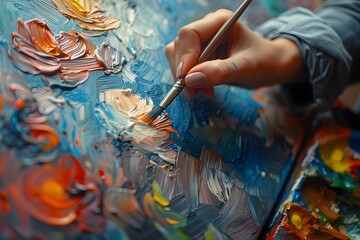 Obraz premium Captivating Close-Up of an Artist's Hand Painting a Colorful Canvas