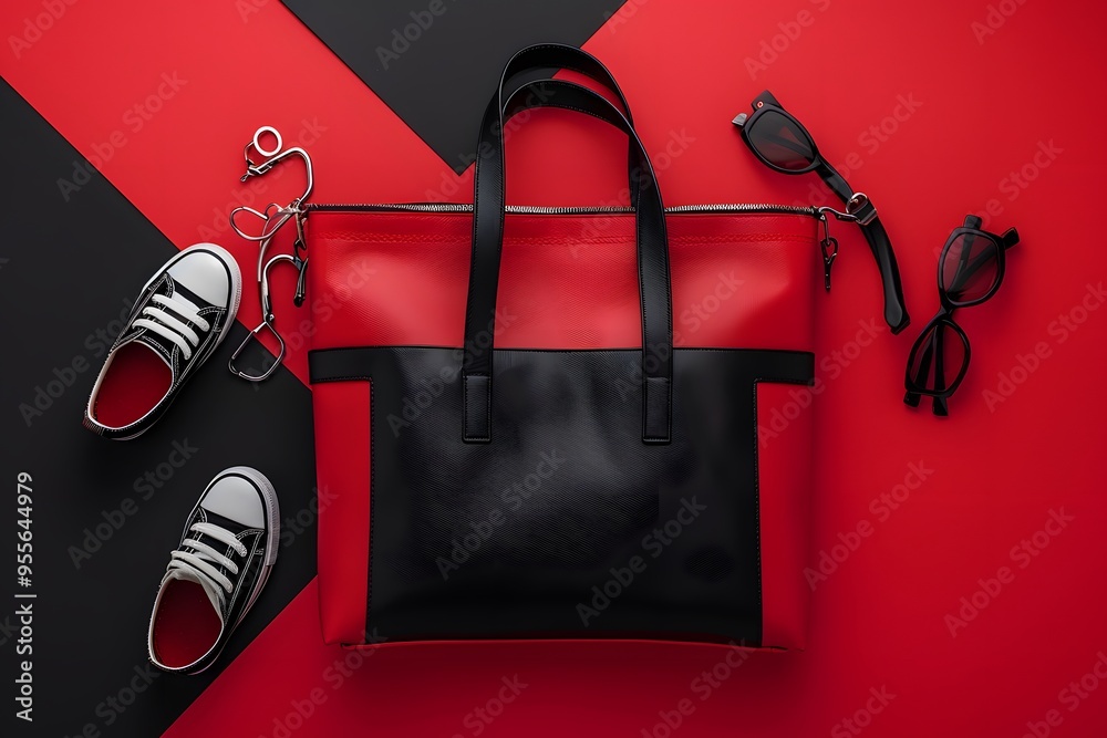 Wall mural Stylish Red and Black Tote Bag with Accessories on a Bold Background