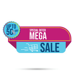 50% Off Mega Sale Special Offer label tag sticker in pink and sky blue vector illustration isolated design on white background.
