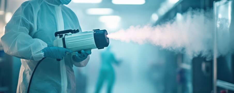 Close-up of a medical professional using a disinfectant fogger for sanitation in a sterile environment