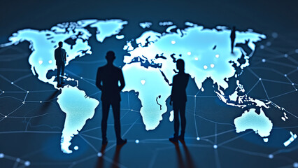 Futuristic World Map with Silhouettes of People