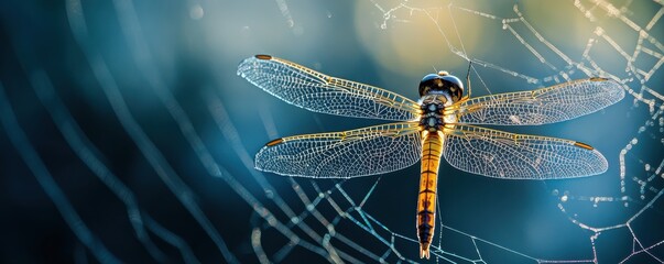 Vivid close-up of a dragonfly caught in a spider web with dew drops glistening in sunlight, showcasing intricate wing patterns and a calm nature scene.