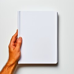 "Hand holding a plain white hardcover book against a clean white background. The minimalist design emphasizes the simplicity and versatility of the blank book cover, perfect for customization."

