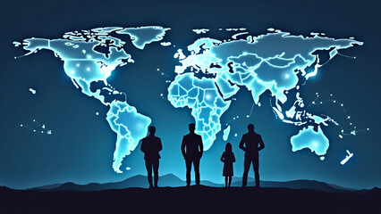 Futuristic World Map with Silhouettes of People