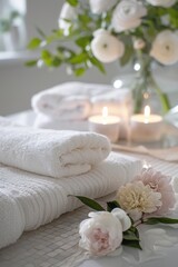 Luxurious white spa bathroom setting with towels, candles, a massage table