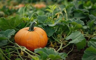 A single ripe pumpkin stands out among lush green vines in a vibrant pumpkin patch during autumn harvest season