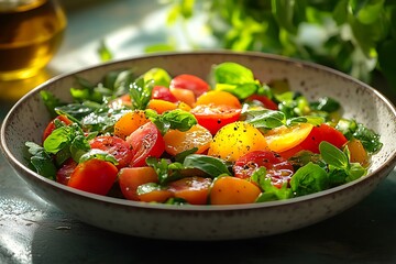 A solitary bowl of colorful salad with a drizzle of olive oil.
